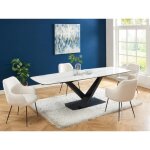 Table � manger extensible 6 � 10 personnes en verre tremp� c�ramique et m�tal - effet marbre blanc et ...