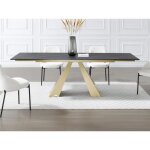 Table  manger extensible 6  10 personnes en verre tremp cramique et mtal - effet marbre noir et ...
