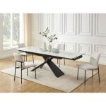 Table à manger extensible 6 à 10 personnes en céramique verre trempé et métal - effet marbre blanc et ... Table à manger extensible 6 à 10 personnes en céramique verre trempé et métal - effet marbre blanc et ...