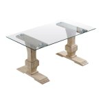 Table  manger rectangulaire en verre tremp avec pieds en bois de chne sculpt - longueur 160 x profondeur ...