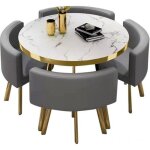 Table  manger ronde et chaises encastrable popup - marbre blanc chaises gris