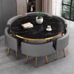 Table  manger ronde effet marbre noir et chaises encastrable popup xl - marbre noir chaises gris