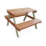 Table de pique - nique. salon de jardin enfant bois dacacia + 2 places couleur teck clair et vert de ...