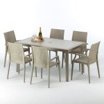 Table rectangulaire et 6 chaises poly rotin resine ensemble bar caf� exterieur 150x90 beige marion chaises ...