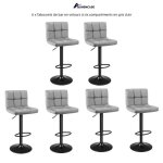 Tabourets de bar en velours gris clair - quiienclee - lot de 6 - r�glable en hauteur - m�tal