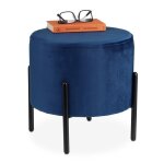Relaxdays pouf en velours tabouret rond matelass pieds en mtal noir hxd: 385x405 cm sige tissu bleu ...