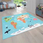 Tapis pour enfants tapis de jeu pour chambres denfants carte du monde avec animaux en vert [80x150 cm] ...