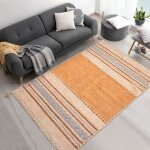 Tapis kilim 200x290 rectangle fait main en coton marron et beige Tapis kilim 200x290 rectangle fait main en coton marron et beige