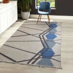 Tapis kilim 160x230 rectangle fait � la main en laine blanc et bleu