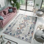 Tapiso tapis salon chambre denver gris bleu orange rose ethnique polypropyl�ne int�rieur 120x170 cm