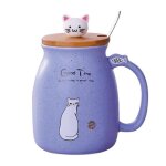 Tasse en c�ramique - homyl - tasse de caf� chat - violet - couvercle en bois - cuill�re incluse