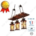 Lustre industriel - td - rglable en hauteur - 3 ampoules e27 - bois massif - fer forg