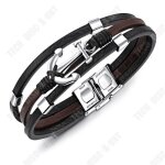 Bracelet en cuir - td - multicouche - acier inoxydable - 210mm - noir marron et argent