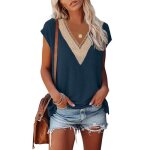 Tee shirt femme - bleu marine - manche courte - dentelle ajoure - dcollet en v - t top