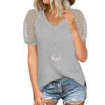 Tee shirt femme en dentelle - leoclotho - gris - manches courtes - col v - coupe ajust�e
