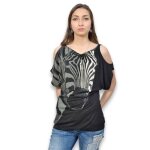 Tee shirt femme - smash - mod�le chauve - souris - motifs imprim�s asym�triques - gris - taille m