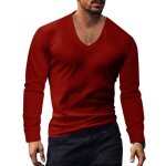Tee shirt homme - mobigarlan - uni en col en v - manches longues - jersey doux au toucher - rouge