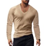 Tee shirt homme uni en col en v manches longues t - shirt fit grande vtements masculin xh405 kaki