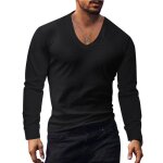Tee shirt homme uni en col en v manches longues t - shirt fit grande v�tements masculin xh406 noir