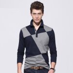 Tee shirt manches longues col polo casual bicolore en coton comfortable - bleu fonce Tee shirt manches longues col polo casual bicolore en coton comfortable - bleu fonce