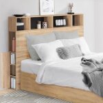Idmarket t�te de lit sur pied cleo 165 cm avec rangements ferm�s et niches fa�on h�tre et noir