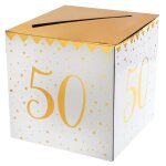 Tirelire - joyeux anniversaire - 50 ans - blanc et or - 20 cm - cubique