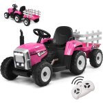 Tracteur �lectrique enfant 12v 7ah - goplus - avec t�l�commande et remorque amovible - charge 30kg - ...