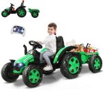 Tracteur �lectrique pour enfants - goplus - avec remorque - 12v7ah charge 30kg - t�l�commande 24g - vert ...