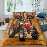 Parure de lit - mouton maison deco - tracteur et foins - jaune rouge noir - microfibre - 220x240 cm
