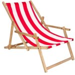 Transat de jardin pliant en bois springos� - rouge / blanc - r�glable � 3 niveaux - 93x53x685 cm