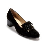 Trotteurs en cuir noir  franges et clous pour femme - marque - modle - talon large de 5cm