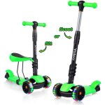 Trottinette avec sige amovible 3 en 1 - yoleo - vert - enfant 2 - 10 ans - led roues lumineuse