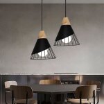 Uni 2pcs lustre suspension industrielle cage en fer et bois luminaire contemporain noir