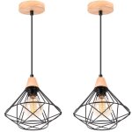 Uni 2x lustre suspension cage design en mtal et bois rtro lampe plafonnier luminaire pour chambre couloir ...