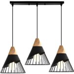 Uni suspension luminaire industrielle 3 lumires en barre fer lustre en bois e27 noir plafonnier luminaire ...