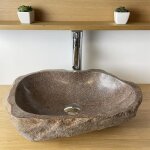 Vasque  poser - 40 cm - pierre de rivire - marron avec nuances rouge - racotta