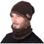 Vbiger hommes hiver chaud tricot ensemble bonnet et foulard marron