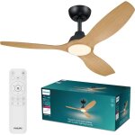 Ventilateur de plafond - philips - olas - pales fixes - diam�tre 132 cm - noir / bois - led int�gr�e ...