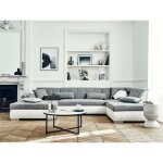 Vermont - canap panoramique dangle droit - 7 places - convertible - en simili et tissu - gris / blanc ...