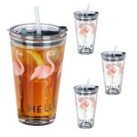 Relaxdays verre avec paille et couvercle lot de 4 motif flamant rose 450 ml lavables au lave - vaisselle ...