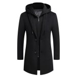 Veste  capuche en laine pour homme long manteau coupe - vent dcontract pais slim automne hiver noir ...