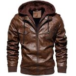 Veste en cuir  capuche - funmoon - modle biker - marron - pais - automne hiver