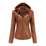 Veste en cuir pour femmes - mobigarlan - modle xhn61 - kaki - slim  capuche moto - grande taille
