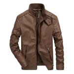 Veste en cuir funmoon pour homme - casual pocket zipper - automne hiver - marron