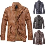 Veste en cuir funmoon pour homme col montant long coupe slim couleur verte Veste en cuir funmoon pour homme col montant long coupe slim couleur verte