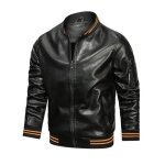 Veste en cuir pour homme - item - automne hiver chaud - noir - col montant
