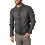 Veste en cuir de mouton gris uni à coupe regular fit avec col à capuche amovible Veste en cuir de mouton gris uni à coupe regular fit avec col à capuche amovible