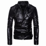 Veste en cuir noir pu pour hommes veste en cuir de moto veste slim en cuir  revers manteau coupe - vent ...