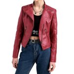 Veste femme - fondupin - veste en cuir pu veste moto - rouge - col revers