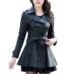 Veste femme long en faux cuir doubl trench - coat mince en cuir pu polaire noire - guocu